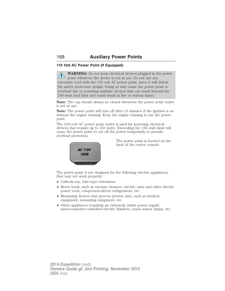 110 volt ac power point (if equipped), 168 auxiliary power points | FORD 2014 Expedition v.2 User Manual | Page 169 / 529