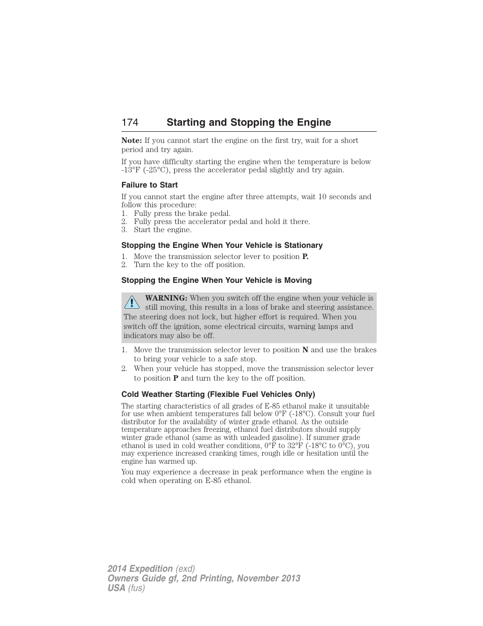 Failure to start, Stopping the engine when your vehicle is moving, 174 starting and stopping the engine | FORD 2014 Expedition v.2 User Manual | Page 175 / 529