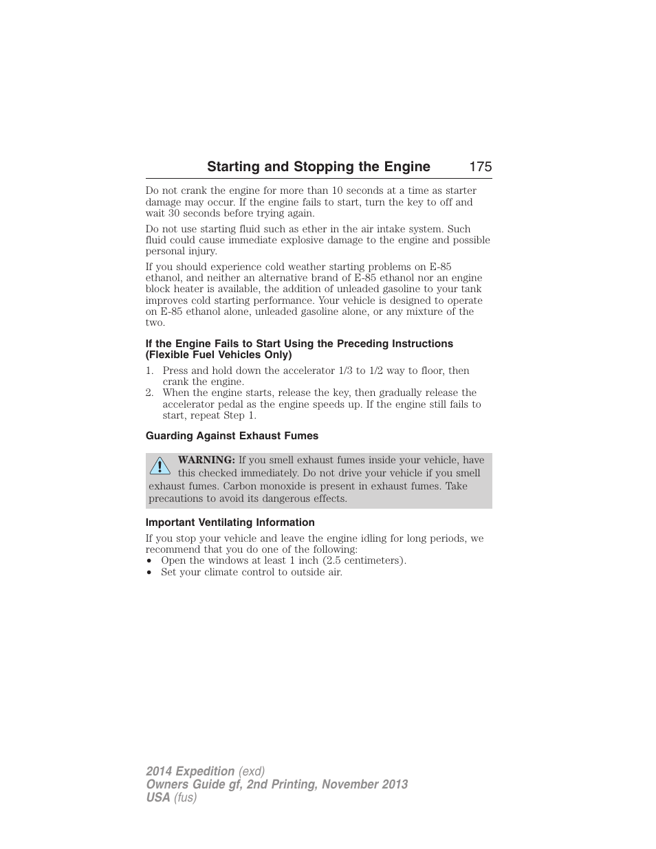 Guarding against exhaust fumes, Important ventilating information, Starting and stopping the engine 175 | FORD 2014 Expedition v.2 User Manual | Page 176 / 529
