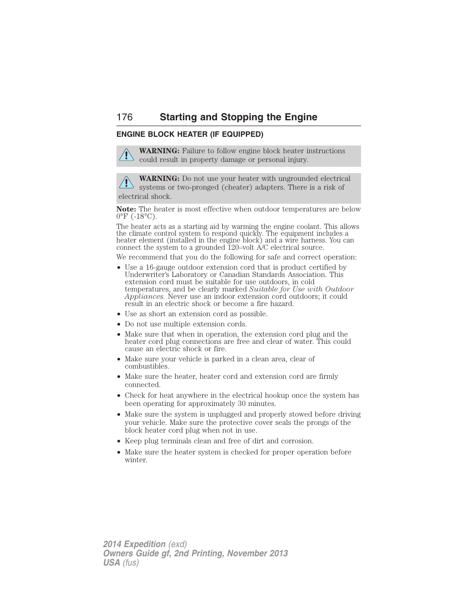 Engine block heater (if equipped), Engine block heater, 176 starting and stopping the engine | FORD 2014 Expedition v.2 User Manual | Page 177 / 529