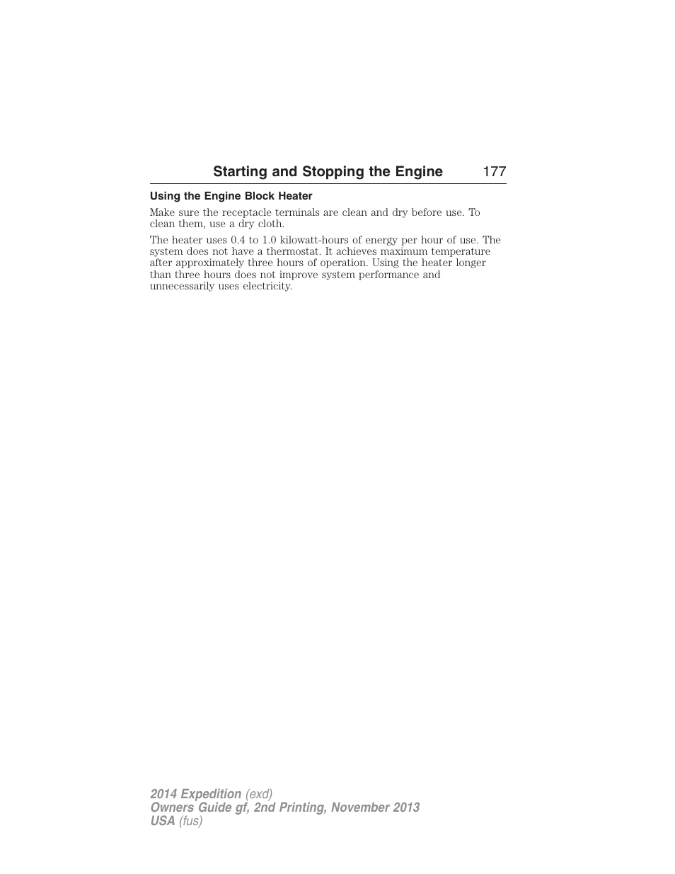 Using the engine block heater | FORD 2014 Expedition v.2 User Manual | Page 178 / 529