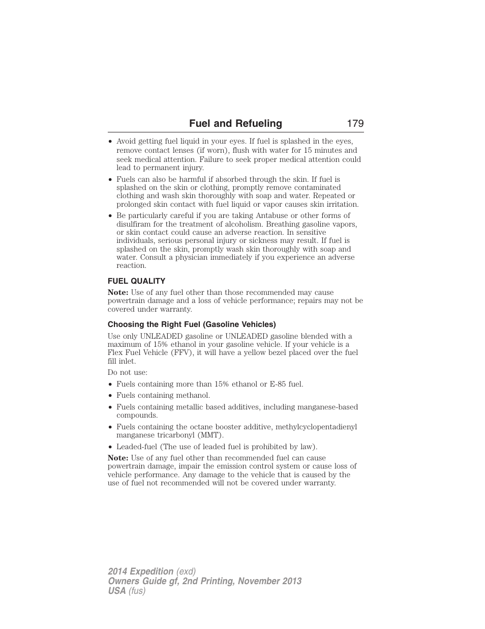 Fuel quality, Choosing the right fuel (gasoline vehicles), Fuel and refueling 179 | FORD 2014 Expedition v.2 User Manual | Page 180 / 529