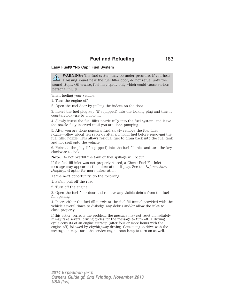 Easy fuel® “no cap” fuel system, Fuel and refueling 183 | FORD 2014 Expedition v.2 User Manual | Page 184 / 529