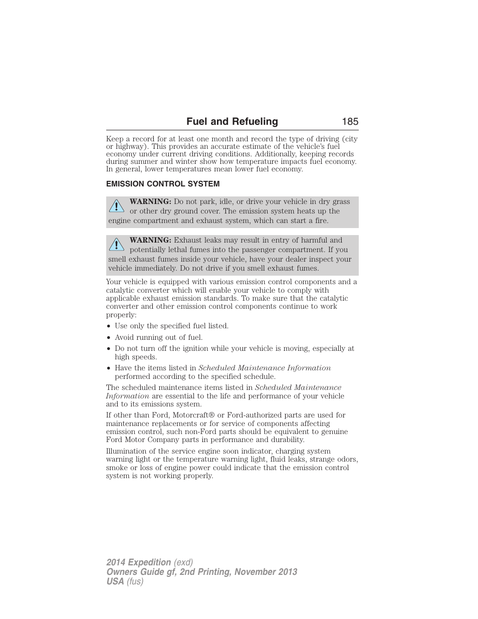Emission control system, Fuel and refueling 185 | FORD 2014 Expedition v.2 User Manual | Page 186 / 529