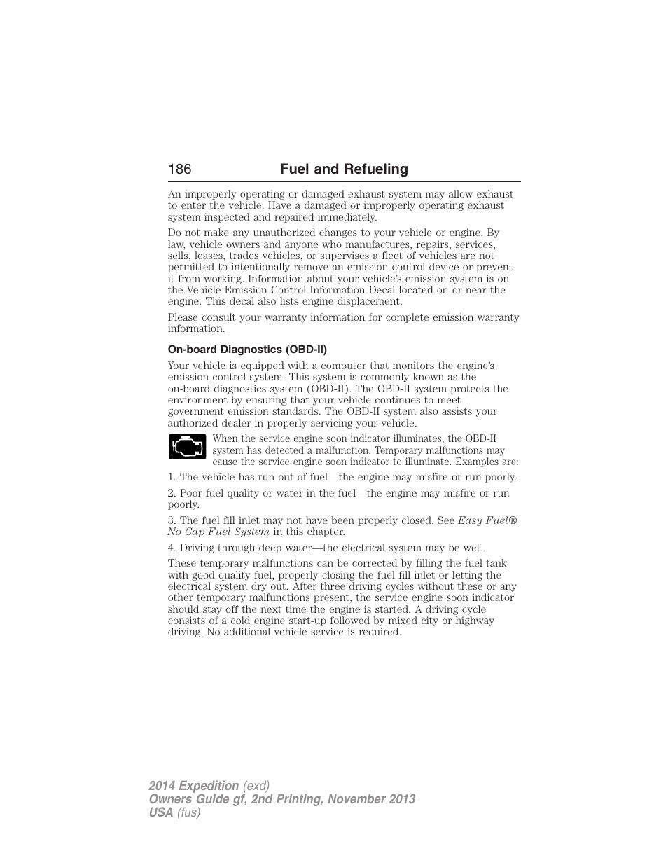 On-board diagnostics (obd-ii), 186 fuel and refueling | FORD 2014 Expedition v.2 User Manual | Page 187 / 529