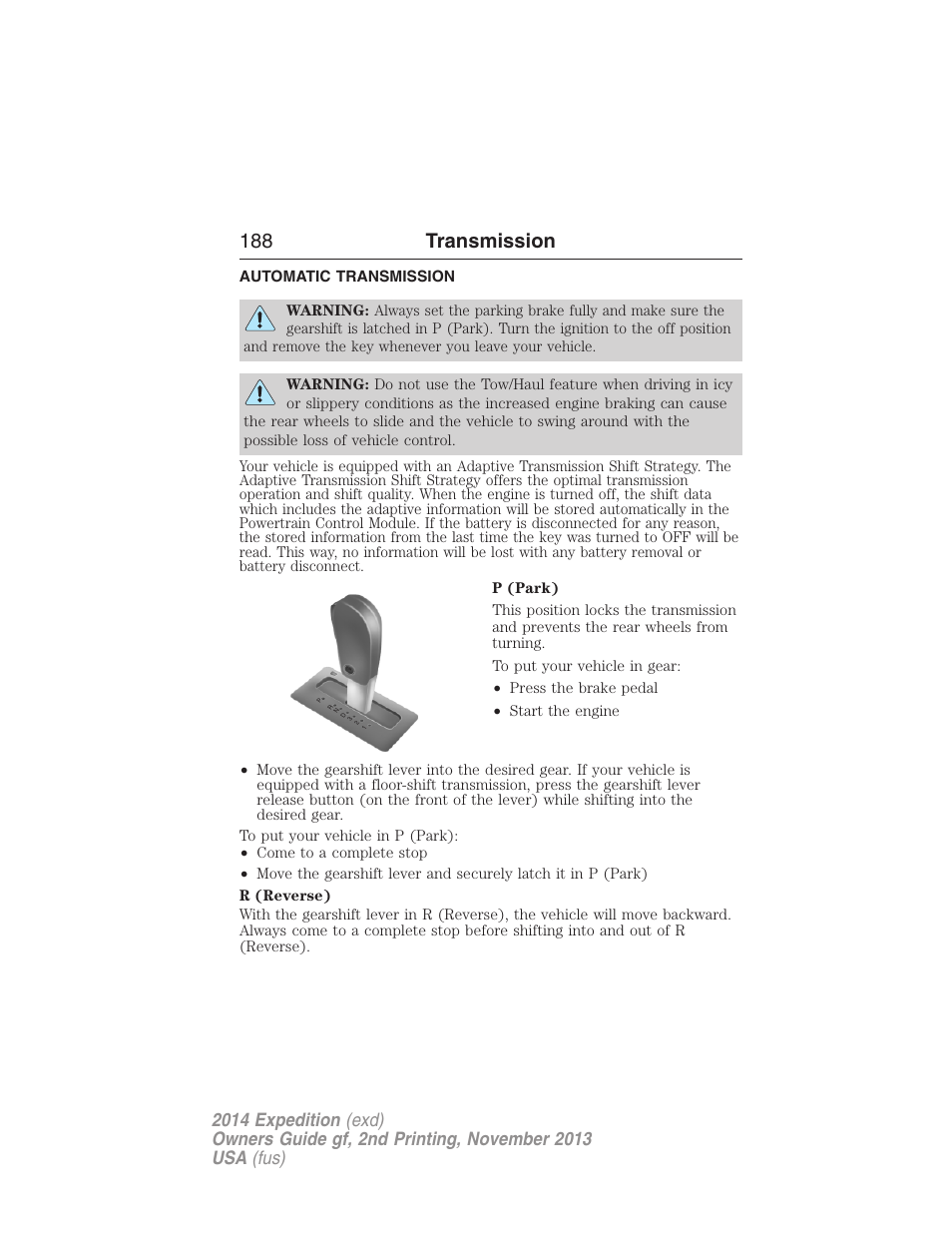Transmission, Automatic transmission, 188 transmission | FORD 2014 Expedition v.2 User Manual | Page 189 / 529
