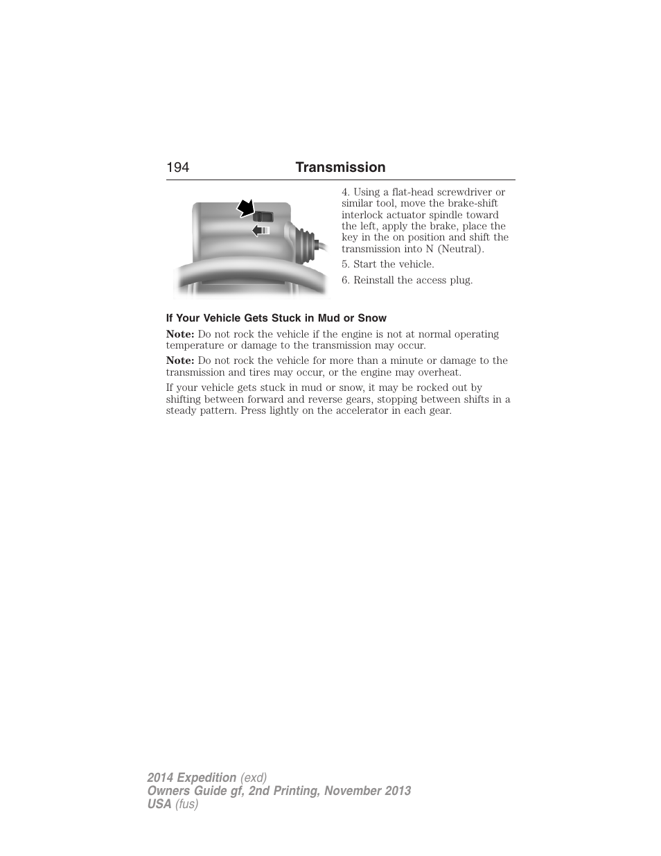 If your vehicle gets stuck in mud or snow, 194 transmission | FORD 2014 Expedition v.2 User Manual | Page 195 / 529