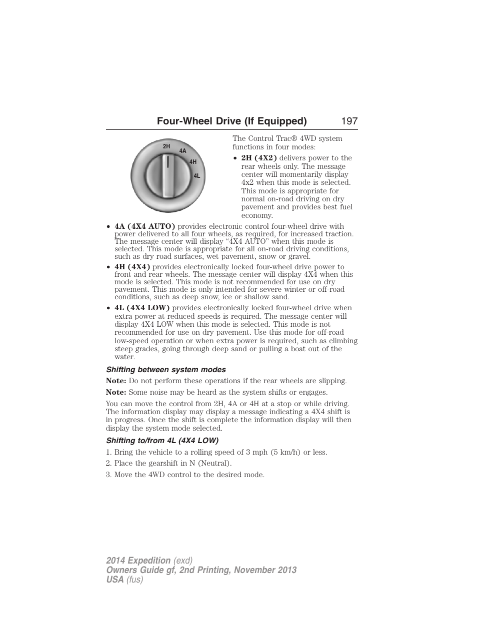 Shifting between system modes, Shifting to/from 4l (4x4 low), Four-wheel drive (if equipped) 197 | FORD 2014 Expedition v.2 User Manual | Page 198 / 529