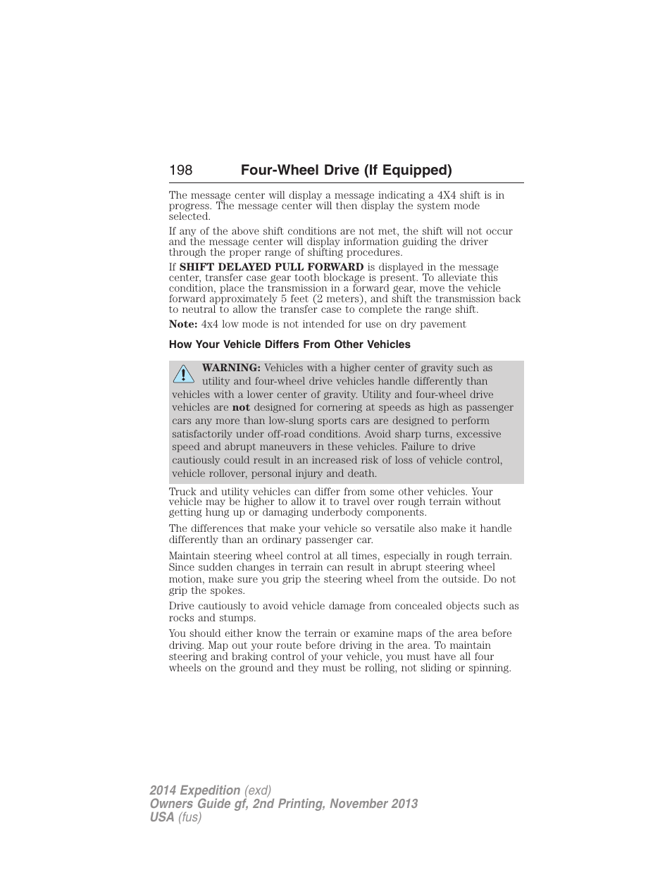 How your vehicle differs from other vehicles, 198 four-wheel drive (if equipped) | FORD 2014 Expedition v.2 User Manual | Page 199 / 529
