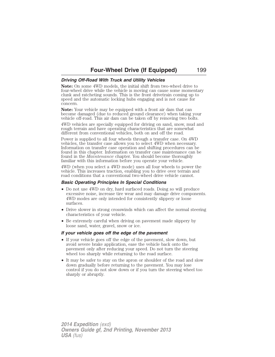 Driving off-road with truck and utility vehicles, Basic operating principles in special conditions, If your vehicle goes off the edge of the pavement | Four-wheel drive (if equipped) 199 | FORD 2014 Expedition v.2 User Manual | Page 200 / 529
