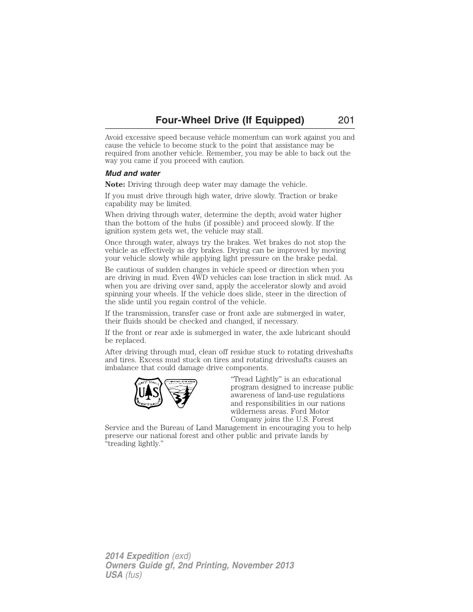 Mud and water, Four-wheel drive (if equipped) 201 | FORD 2014 Expedition v.2 User Manual | Page 202 / 529