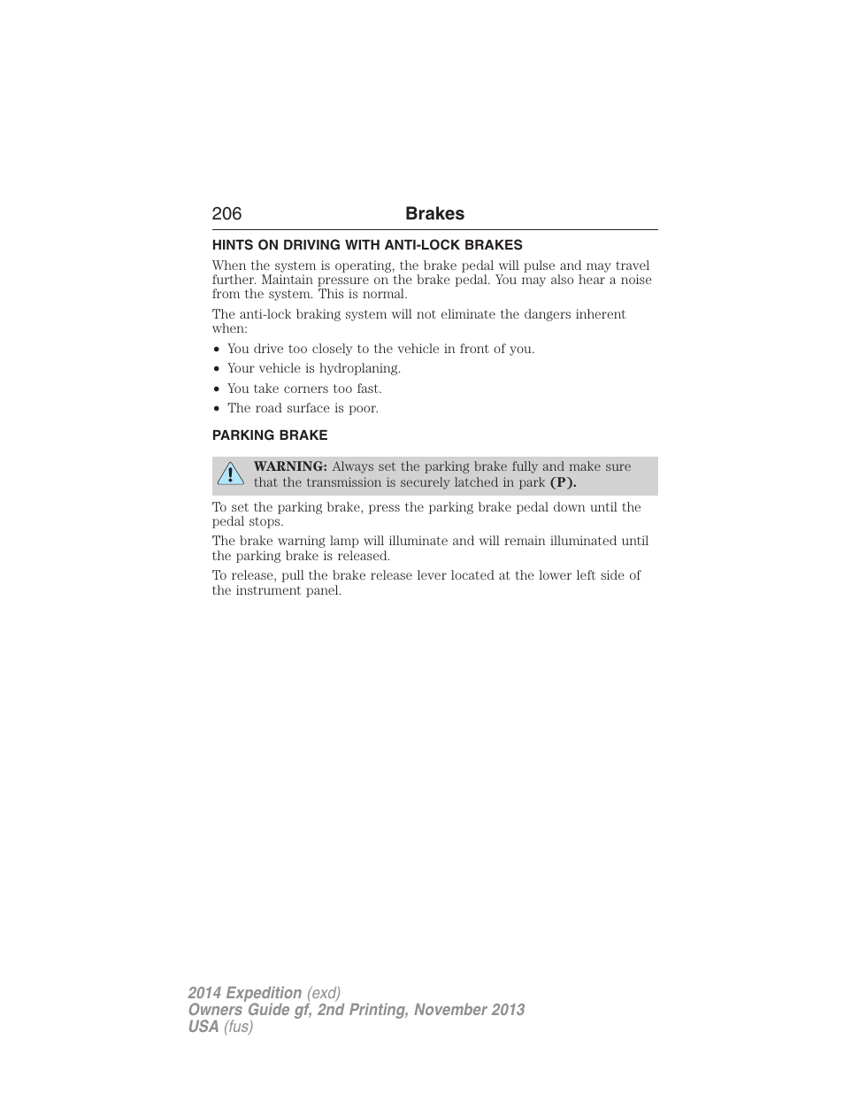 Hints on driving with anti-lock brakes, Parking brake, 206 brakes | FORD 2014 Expedition v.2 User Manual | Page 207 / 529