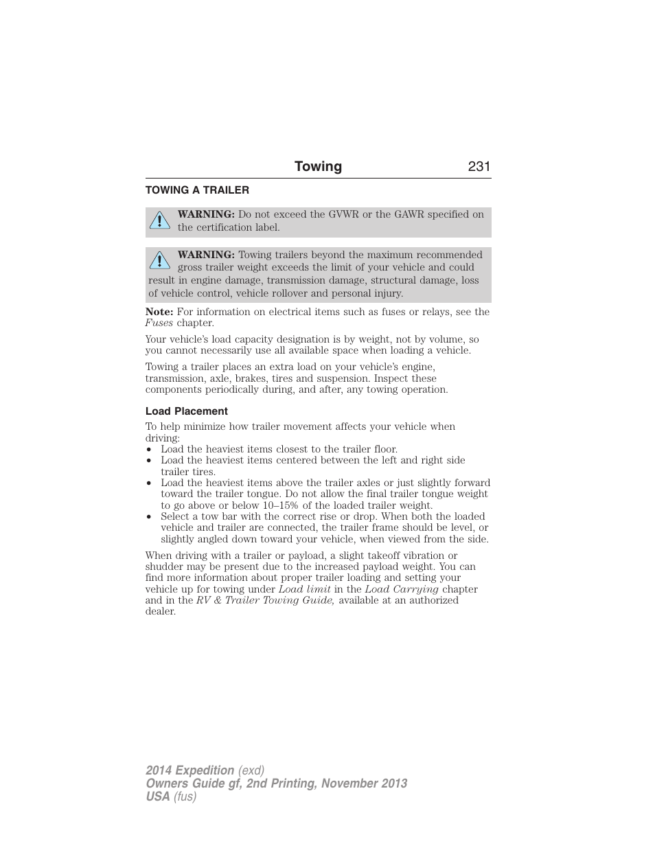 Towing, Towing a trailer, Load placement | Trailer towing, Towing 231 | FORD 2014 Expedition v.2 User Manual | Page 232 / 529