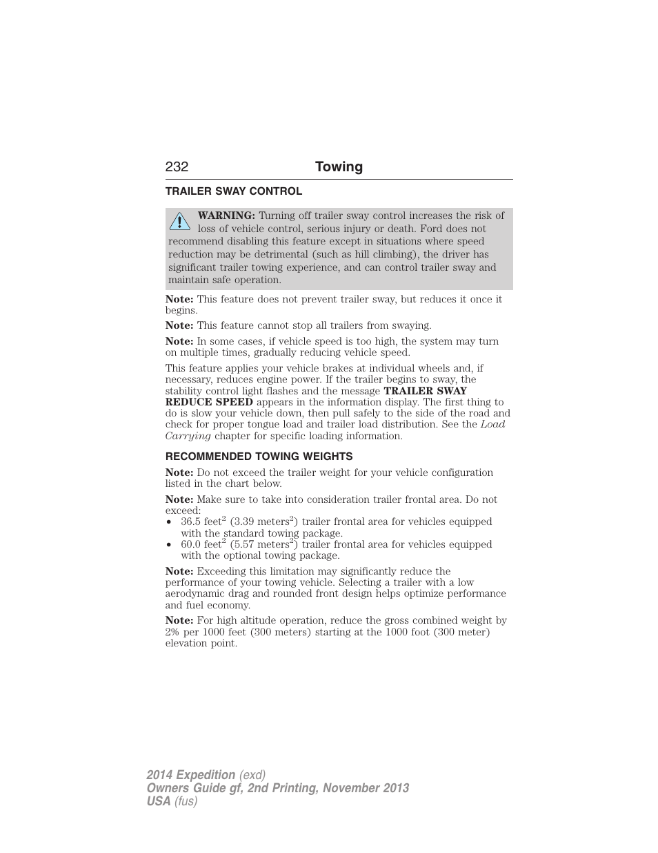 Trailer sway control, Recommended towing weights, 232 towing | FORD 2014 Expedition v.2 User Manual | Page 233 / 529