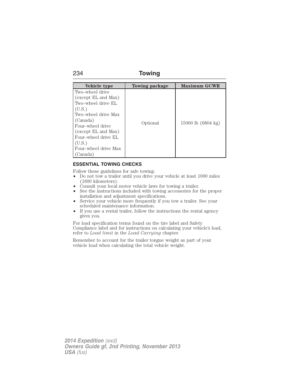 Essential towing checks, 234 towing | FORD 2014 Expedition v.2 User Manual | Page 235 / 529