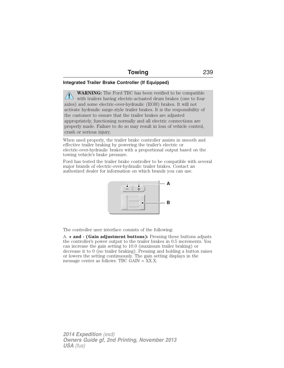 Integrated trailer brake controller (if equipped), Trailer brake controller-integrated, Towing 239 | FORD 2014 Expedition v.2 User Manual | Page 240 / 529