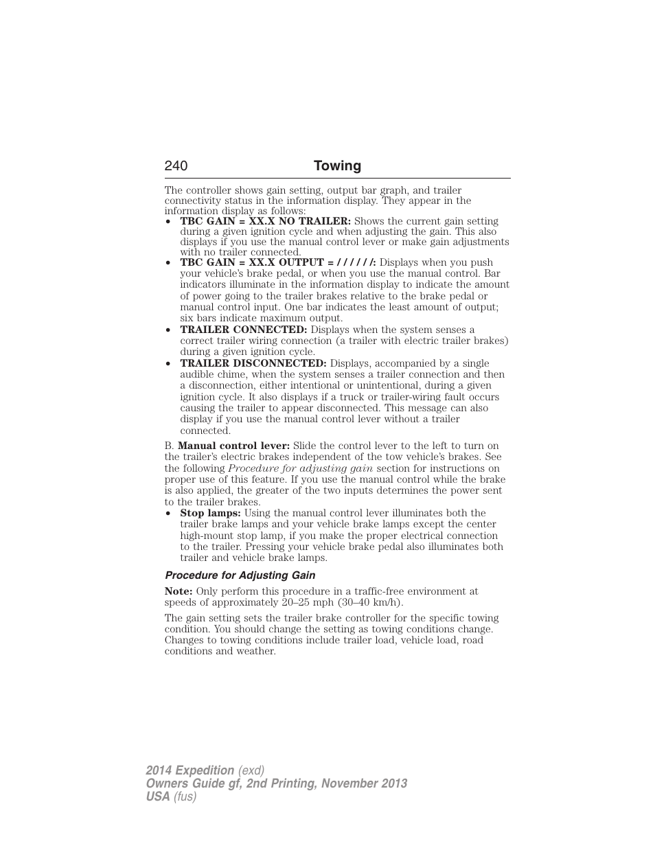 Procedure for adjusting gain, 240 towing | FORD 2014 Expedition v.2 User Manual | Page 241 / 529