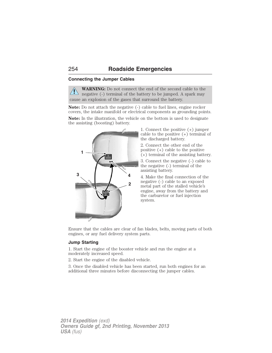 Connecting the jumper cables, Jump starting, 254 roadside emergencies | FORD 2014 Expedition v.2 User Manual | Page 255 / 529