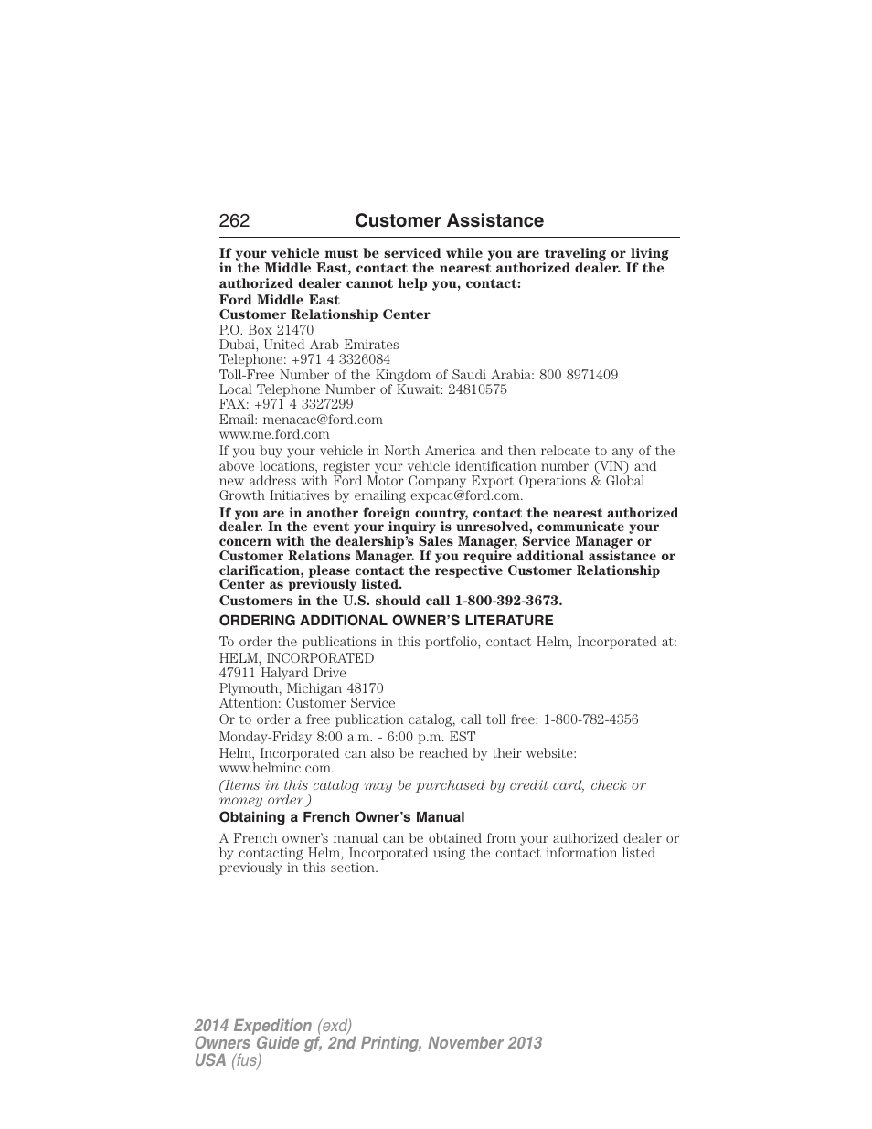 Ordering additional owner’s literature, Obtaining a french owner’s manual | FORD 2014 Expedition v.2 User Manual | Page 263 / 529