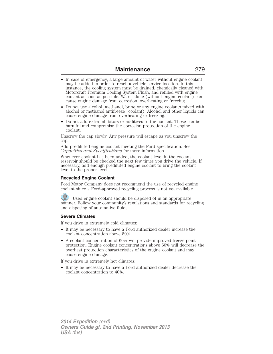 Recycled engine coolant, Severe climates, Maintenance 279 | FORD 2014 Expedition v.2 User Manual | Page 280 / 529