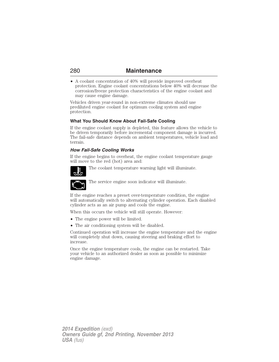 What you should know about fail-safe cooling, How fail-safe cooling works, 280 maintenance | FORD 2014 Expedition v.2 User Manual | Page 281 / 529