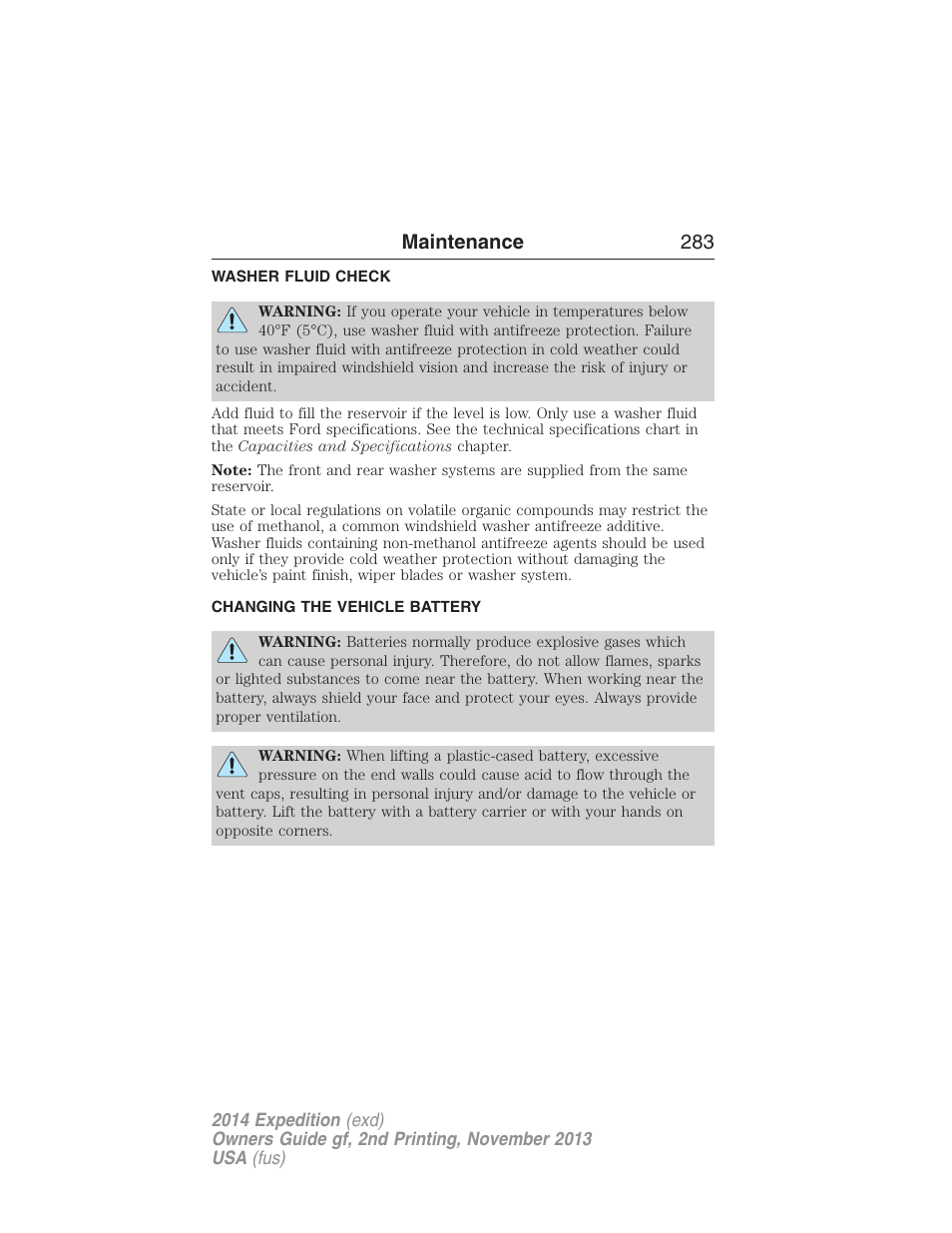 Washer fluid check, Changing the vehicle battery, Battery | Maintenance 283 | FORD 2014 Expedition v.2 User Manual | Page 284 / 529