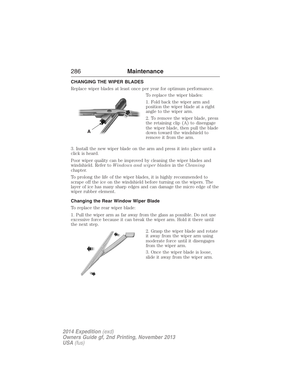 Changing the wiper blades, Changing the rear window wiper blade, 286 maintenance | FORD 2014 Expedition v.2 User Manual | Page 287 / 529