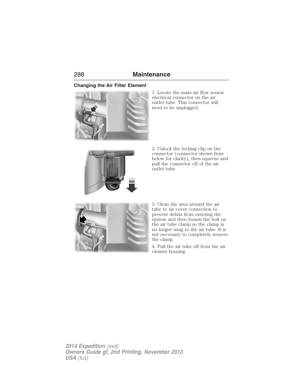Changing the air filter element | FORD 2014 Expedition v.2 User Manual | Page 289 / 529
