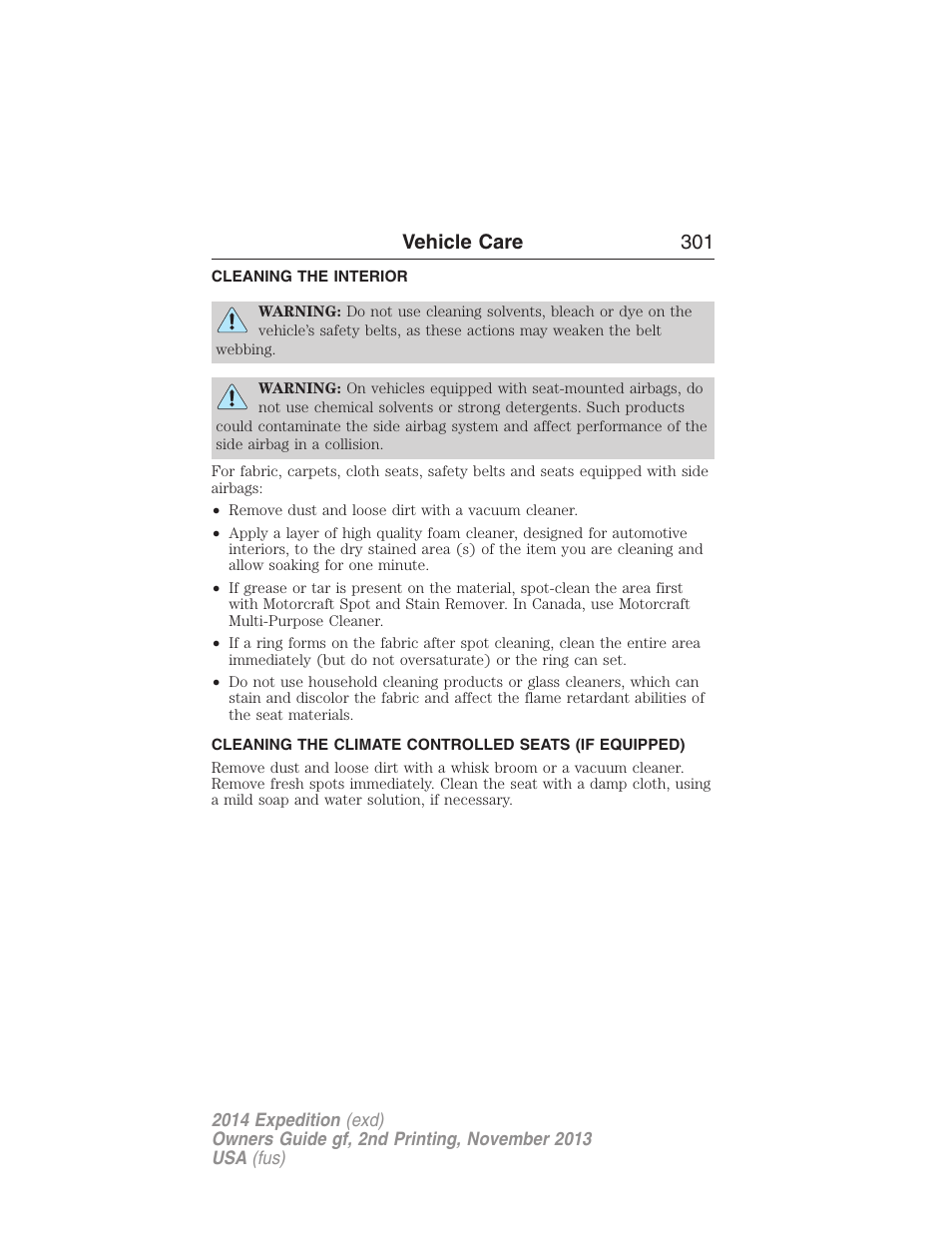 Cleaning the interior, Vehicle care 301 | FORD 2014 Expedition v.2 User Manual | Page 302 / 529