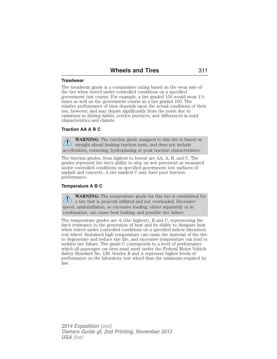 Treadwear, Traction aa a b c, Temperature a b c | Wheels and tires 311 | FORD 2014 Expedition v.2 User Manual | Page 312 / 529