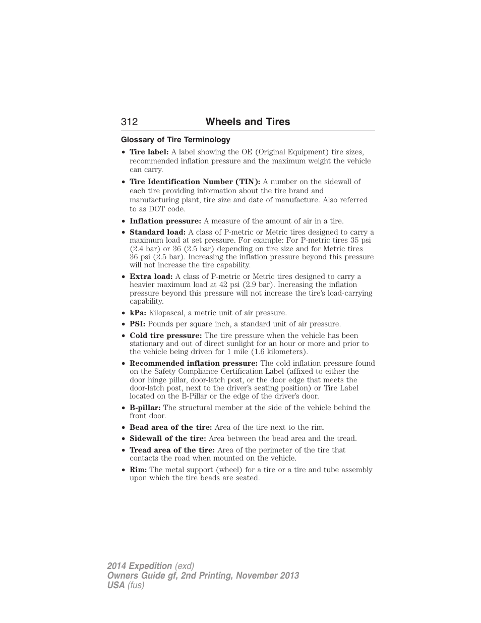 Glossary of tire terminology, 312 wheels and tires | FORD 2014 Expedition v.2 User Manual | Page 313 / 529