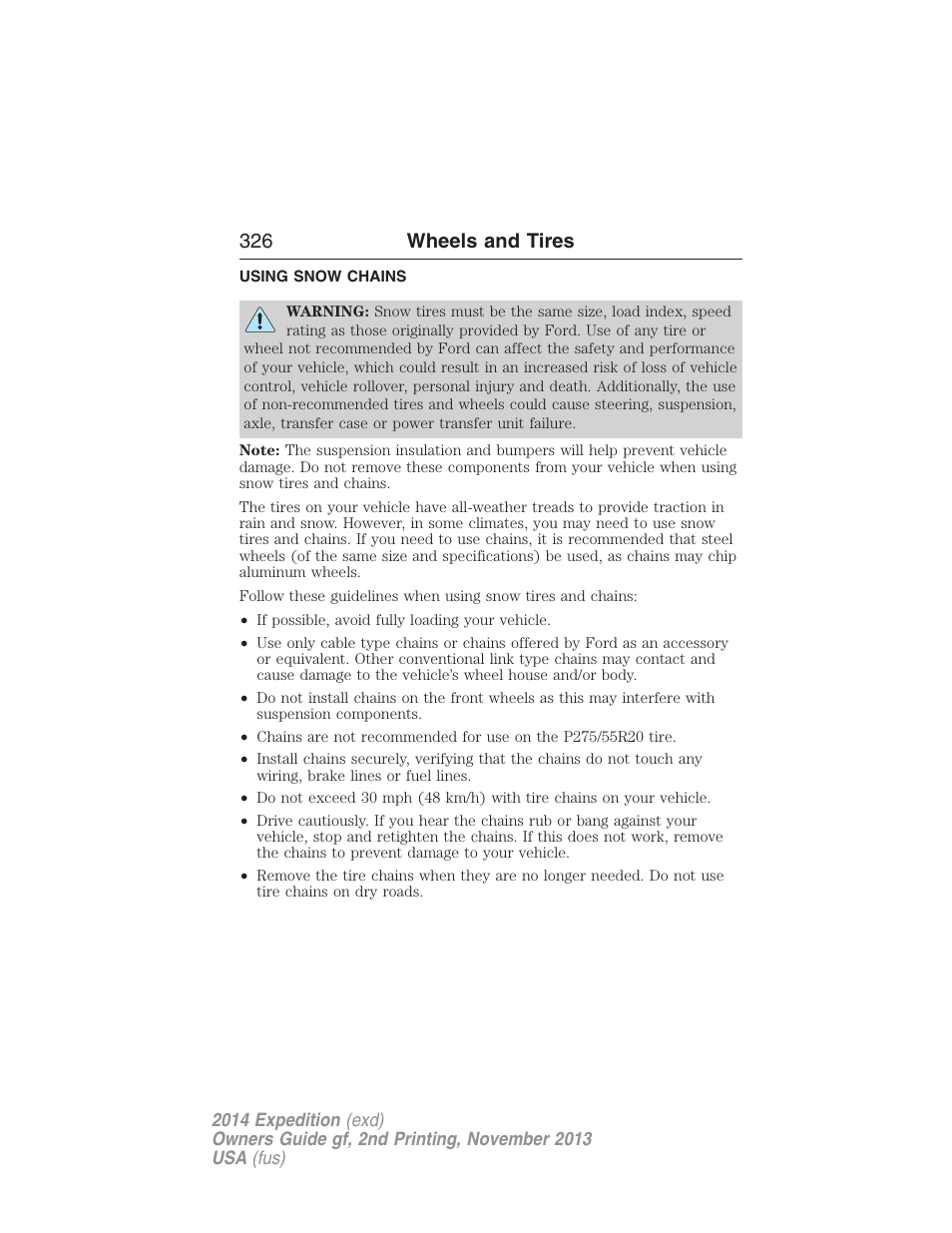 Using snow chains, 326 wheels and tires | FORD 2014 Expedition v.2 User Manual | Page 327 / 529