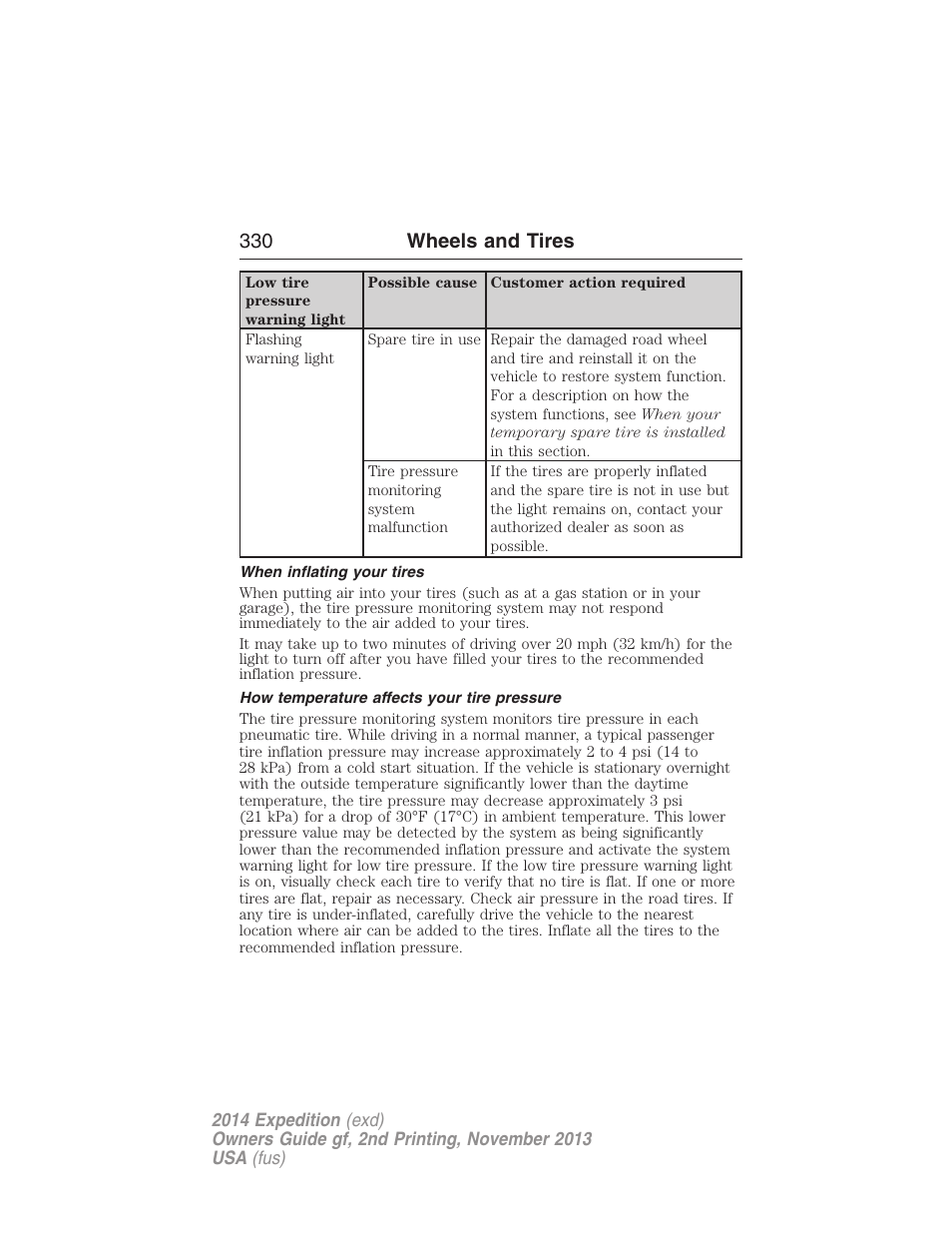 When inflating your tires, How temperature affects your tire pressure, 330 wheels and tires | FORD 2014 Expedition v.2 User Manual | Page 331 / 529