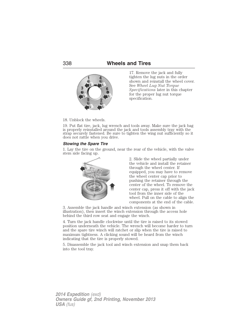 Stowing the spare tire, 338 wheels and tires | FORD 2014 Expedition v.2 User Manual | Page 339 / 529