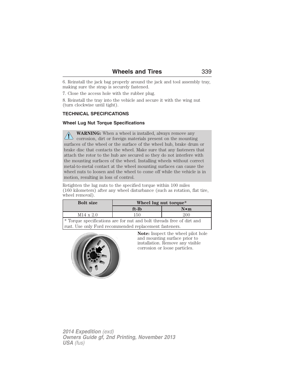 Technical specifications, Wheel lug nut torque specifications, Wheel lug nut torque | Wheels and tires 339 | FORD 2014 Expedition v.2 User Manual | Page 340 / 529