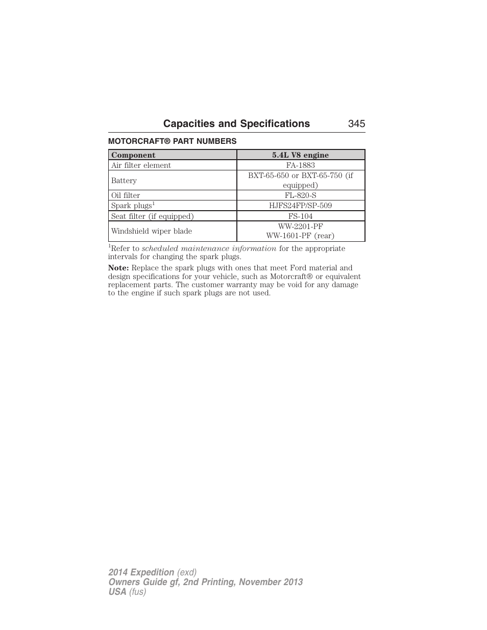 Motorcraft® part numbers, Part numbers, Capacities and specifications 345 | FORD 2014 Expedition v.2 User Manual | Page 346 / 529