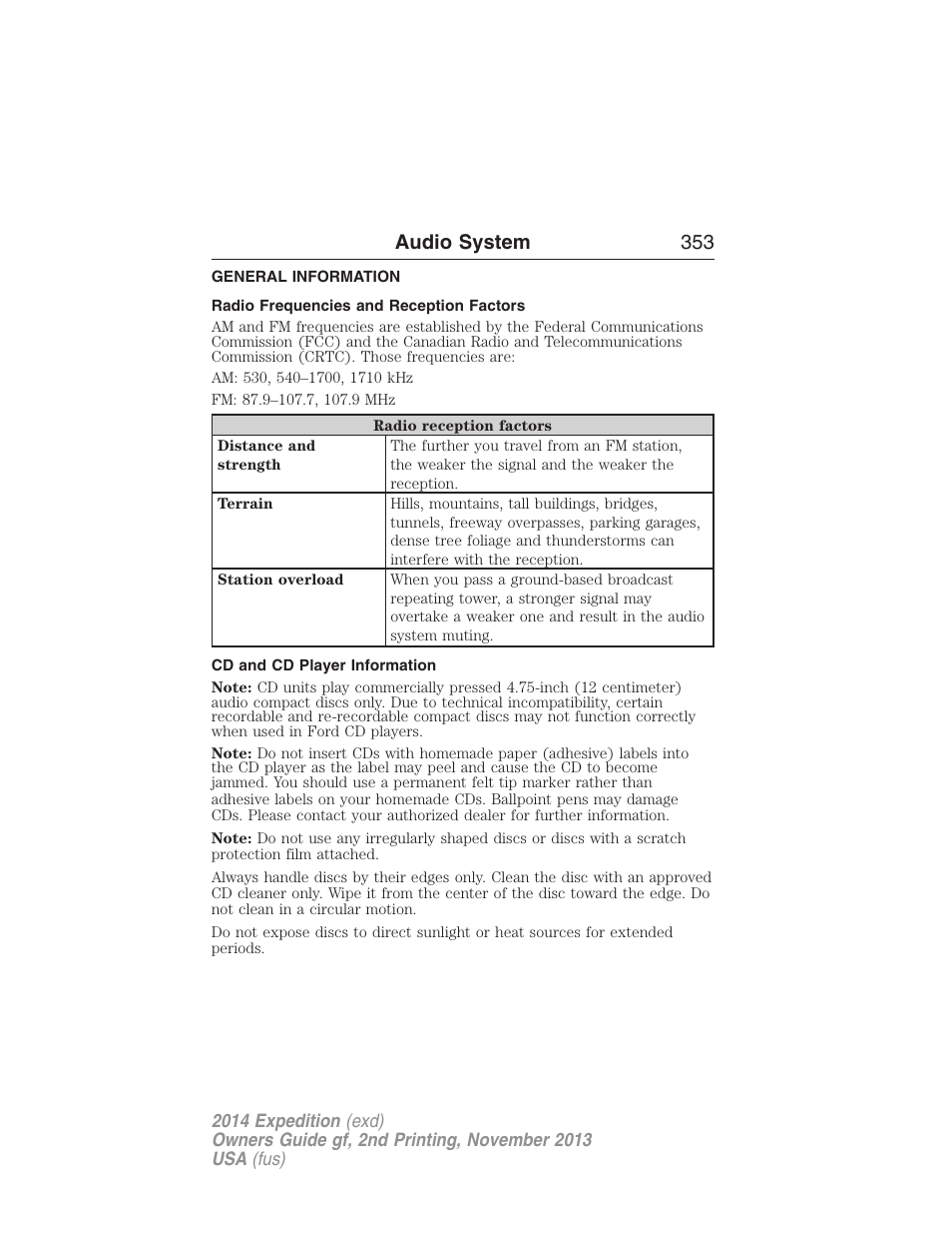 Audio system, General information, Radio frequencies and reception factors | Cd and cd player information, Audio system 353 | FORD 2014 Expedition v.2 User Manual | Page 354 / 529