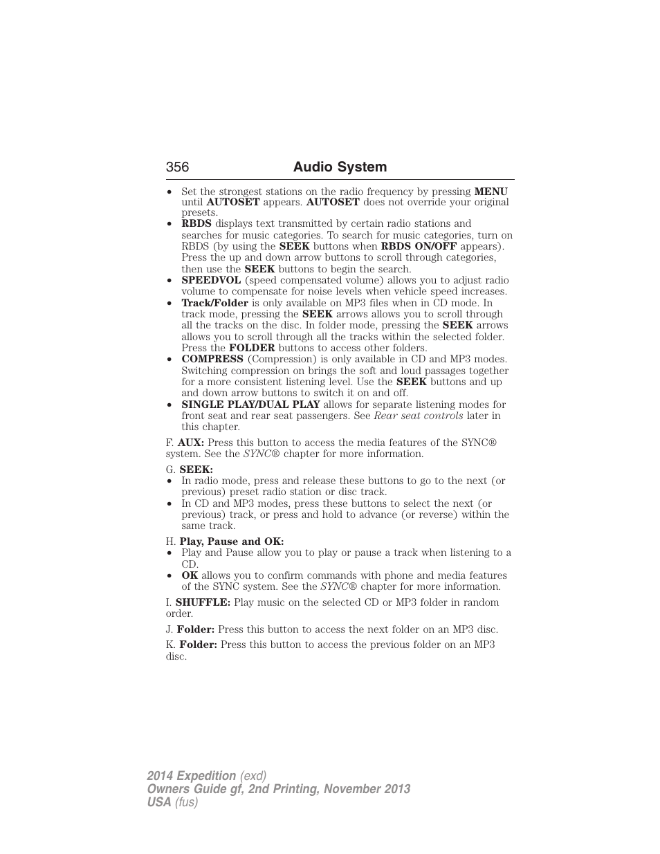 356 audio system | FORD 2014 Expedition v.2 User Manual | Page 357 / 529