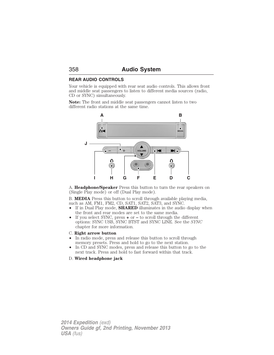 Rear audio controls, Rear seat controls, 358 audio system | FORD 2014 Expedition v.2 User Manual | Page 359 / 529