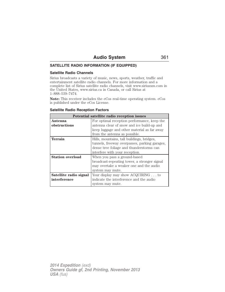 Satellite radio information (if equipped), Satellite radio channels, Satellite radio reception factors | Satellite radio information, Audio system 361 | FORD 2014 Expedition v.2 User Manual | Page 362 / 529