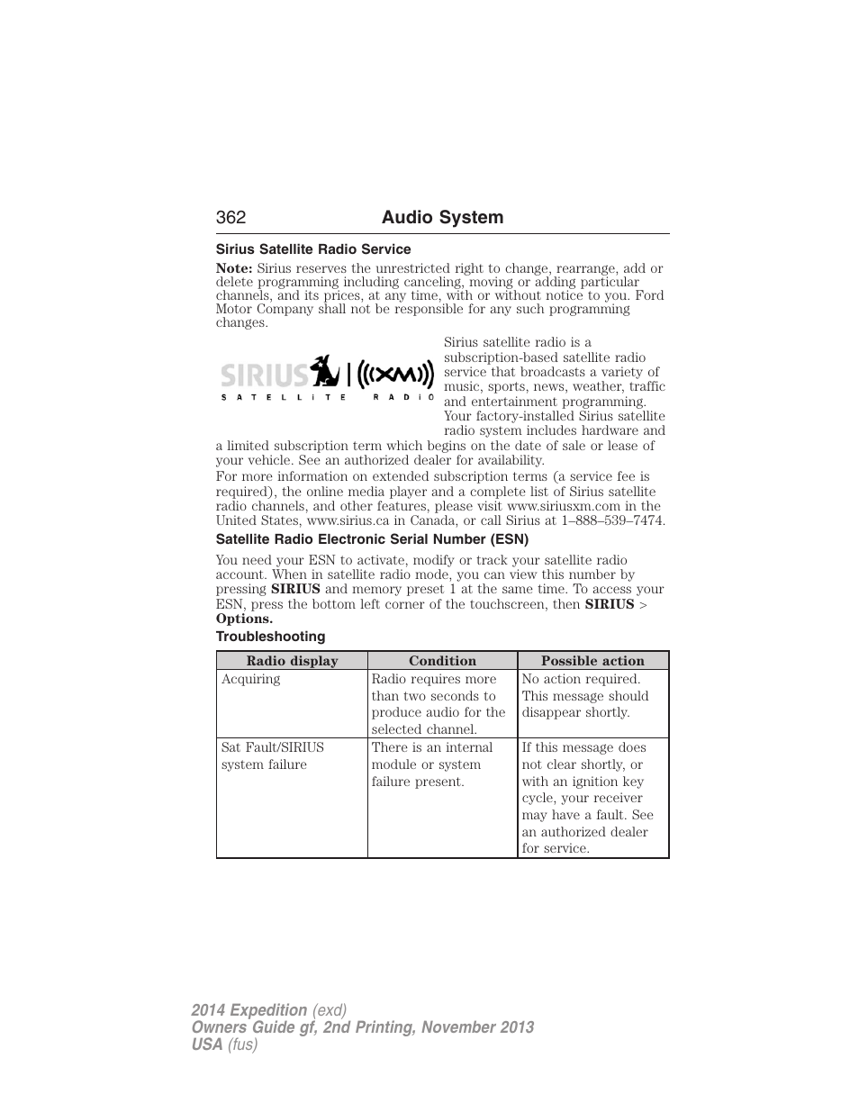 Sirius satellite radio service, Satellite radio electronic serial number (esn), Troubleshooting | 362 audio system | FORD 2014 Expedition v.2 User Manual | Page 363 / 529