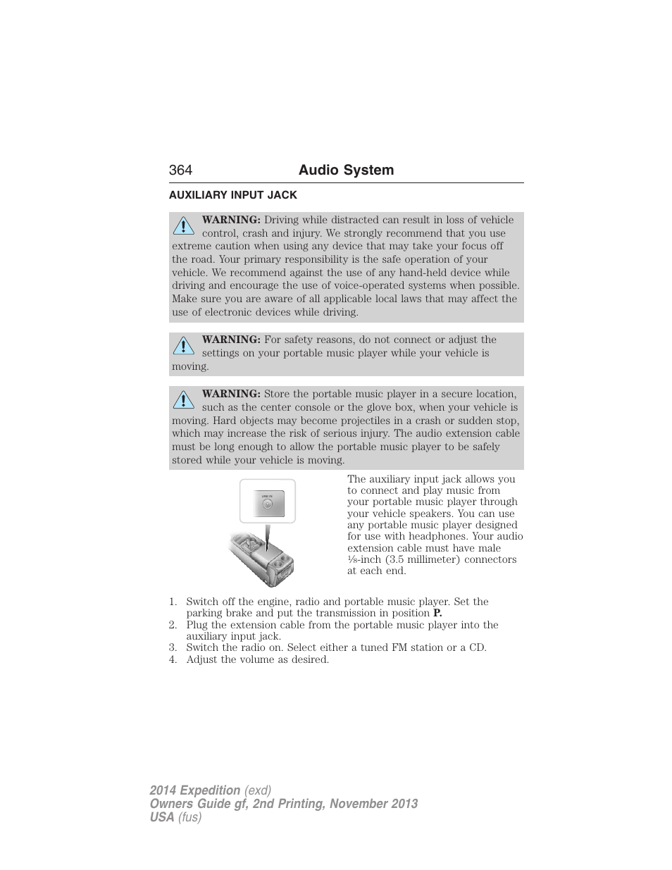 Auxiliary input jack, 364 audio system | FORD 2014 Expedition v.2 User Manual | Page 365 / 529