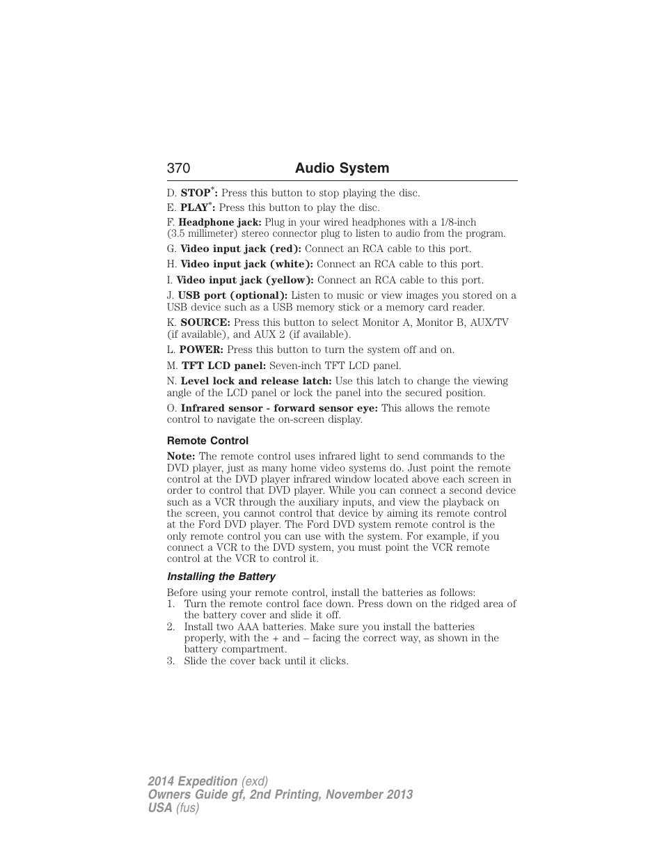 Remote control, Installing the battery, 370 audio system | FORD 2014 Expedition v.2 User Manual | Page 371 / 529