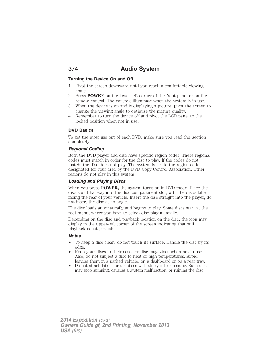 Turning the device on and off, Dvd basics, Regional coding | Loading and playing discs, Notes, 374 audio system | FORD 2014 Expedition v.2 User Manual | Page 375 / 529