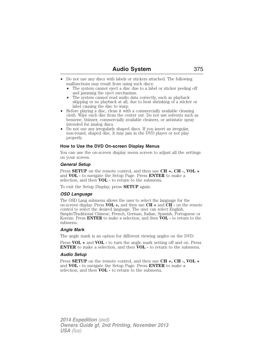 How to use the dvd on-screen display menus, General setup, Osd language | Angle mark, Audio setup, Audio system 375 | FORD 2014 Expedition v.2 User Manual | Page 376 / 529