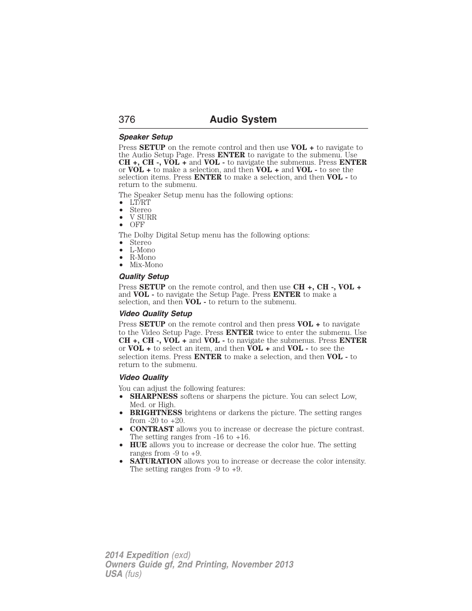 Speaker setup, Quality setup, Video quality setup | Video quality, 376 audio system | FORD 2014 Expedition v.2 User Manual | Page 377 / 529