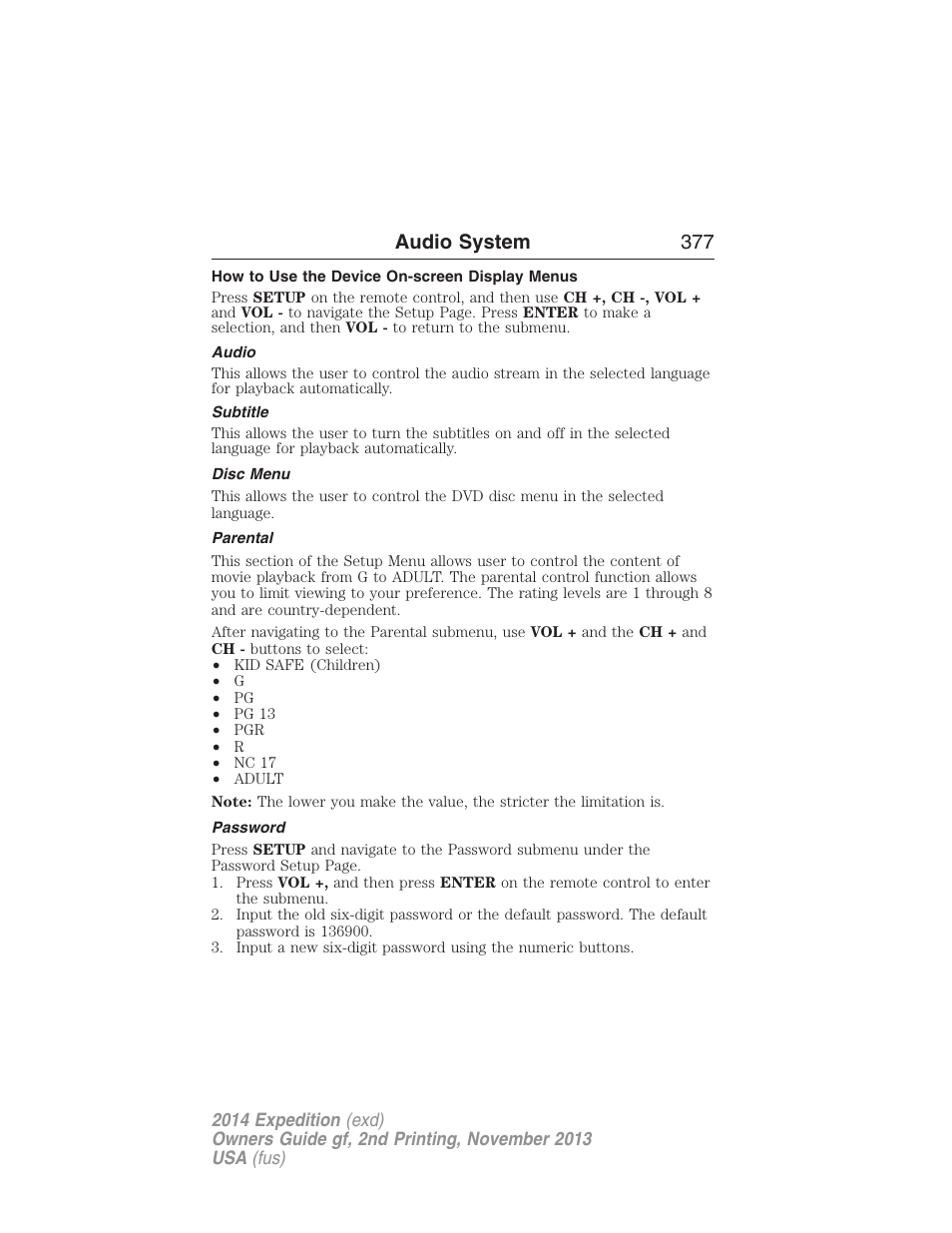 How to use the device on-screen display menus, Audio, Subtitle | Disc menu, Parental, Password, Audio system 377 | FORD 2014 Expedition v.2 User Manual | Page 378 / 529