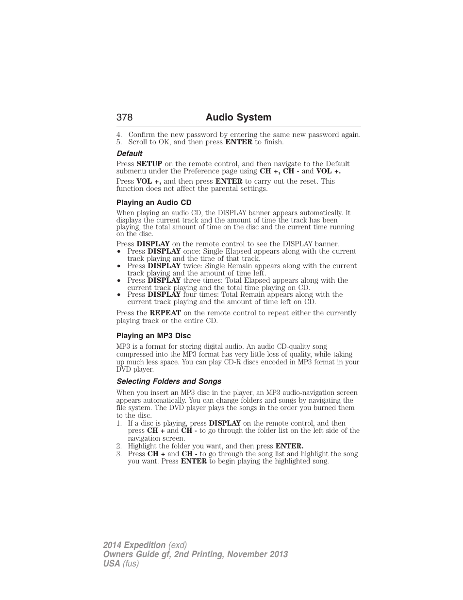 Default, Playing an audio cd, Playing an mp3 disc | Selecting folders and songs, 378 audio system | FORD 2014 Expedition v.2 User Manual | Page 379 / 529