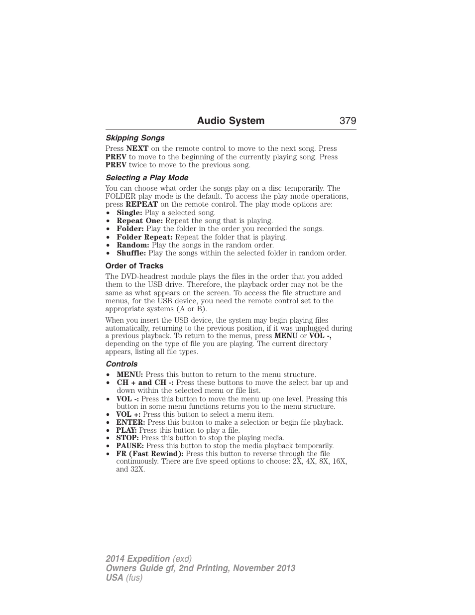 Skipping songs, Selecting a play mode, Order of tracks | Controls, Audio system 379 | FORD 2014 Expedition v.2 User Manual | Page 380 / 529