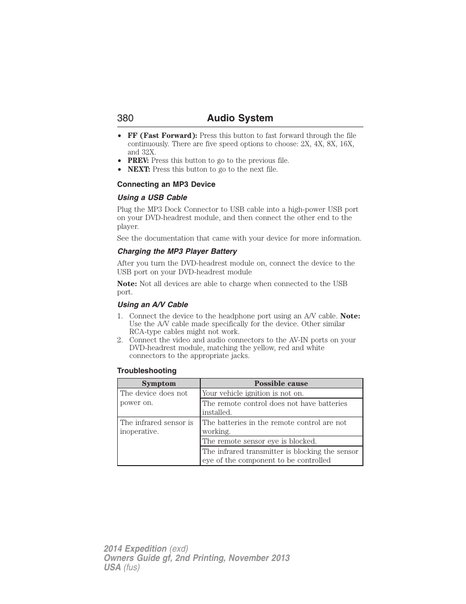 Connecting an mp3 device, Using a usb cable, Charging the mp3 player battery | Using an a/v cable, Troubleshooting, 380 audio system | FORD 2014 Expedition v.2 User Manual | Page 381 / 529